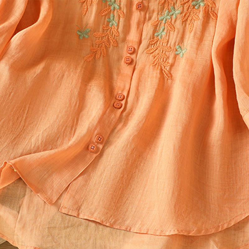 Camicia da donna a mezza manica in cotone con bottoni e ricamo a foglie Buddha Stones