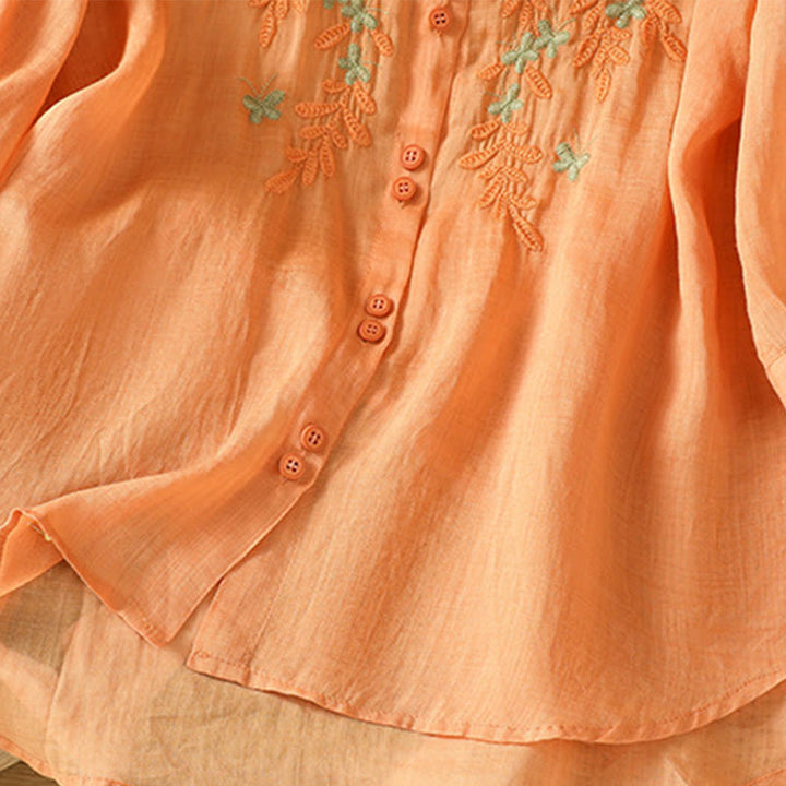 Camicia da donna a mezza manica in cotone con bottoni e ricamo a foglie Buddha Stones