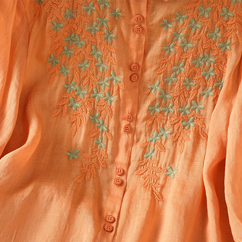 Camicia da donna a mezza manica in cotone con bottoni e ricamo a foglie Buddha Stones