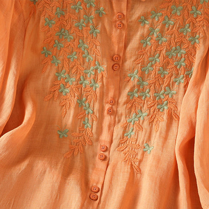 Camicia da donna a mezza manica in cotone con bottoni e ricamo a foglie Buddha Stones