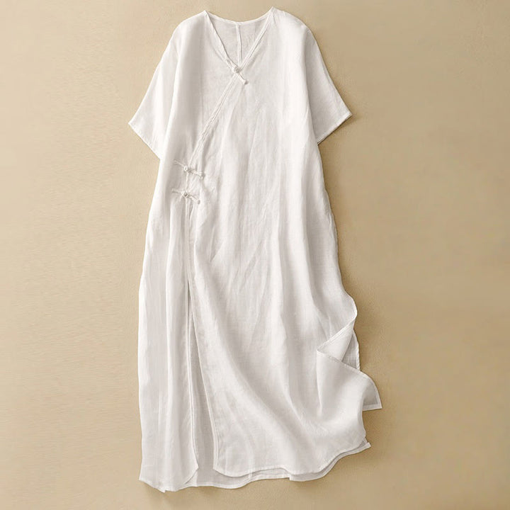 Abito midi da donna in cotone e lino con maniche corte, scollo a V, bottoni a rana , Buddha Stones