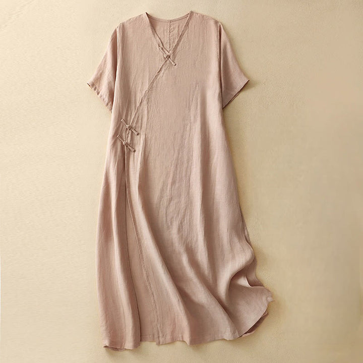 Abito midi da donna in cotone e lino con maniche corte, scollo a V, bottoni a rana , Buddha Stones