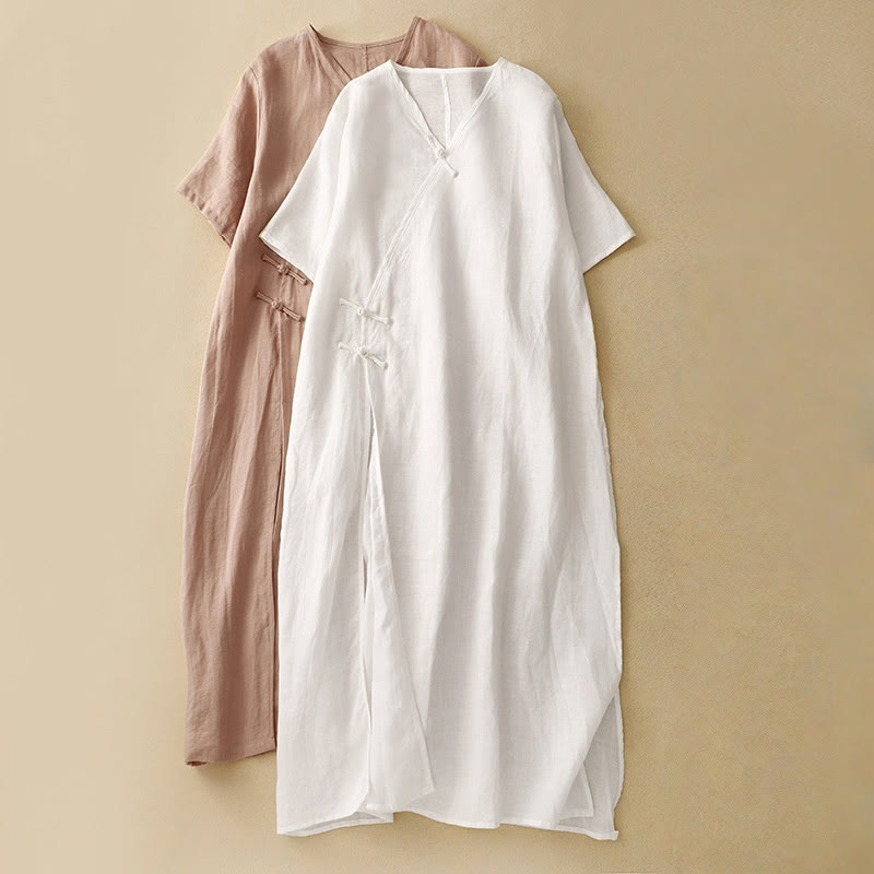 Abito midi da donna in cotone e lino con maniche corte, scollo a V, bottoni a rana , Buddha Stones