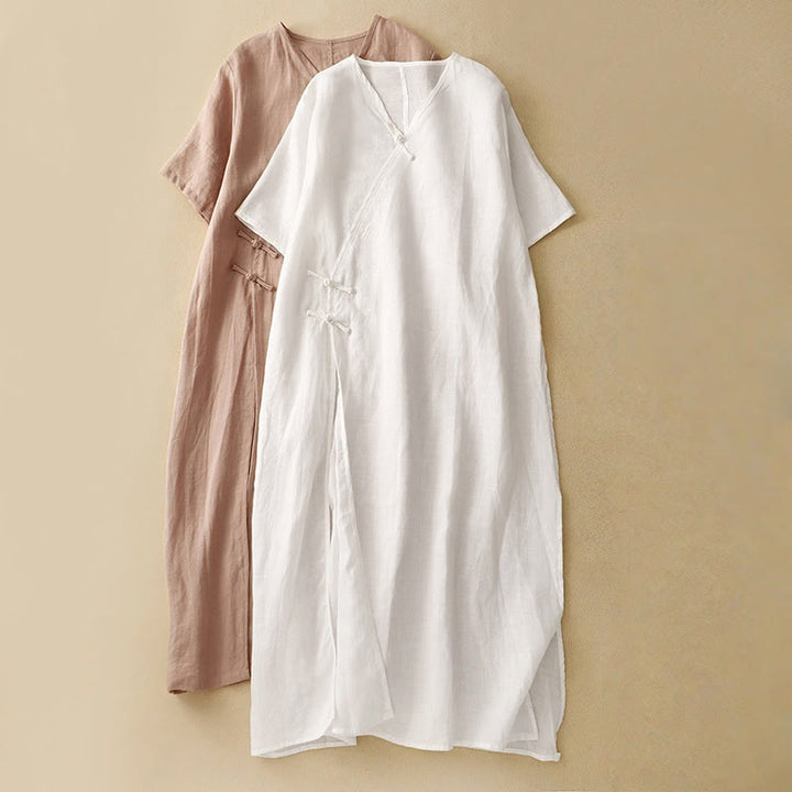 Abito midi da donna in cotone e lino con maniche corte, scollo a V, bottoni a rana , Buddha Stones