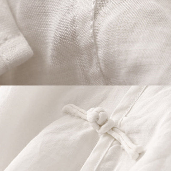 Abito midi da donna in cotone e lino con maniche corte, scollo a V, bottoni a rana , Buddha Stones
