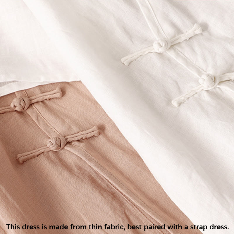 Abito midi da donna in cotone e lino con maniche corte, scollo a V, bottoni a rana , Buddha Stones