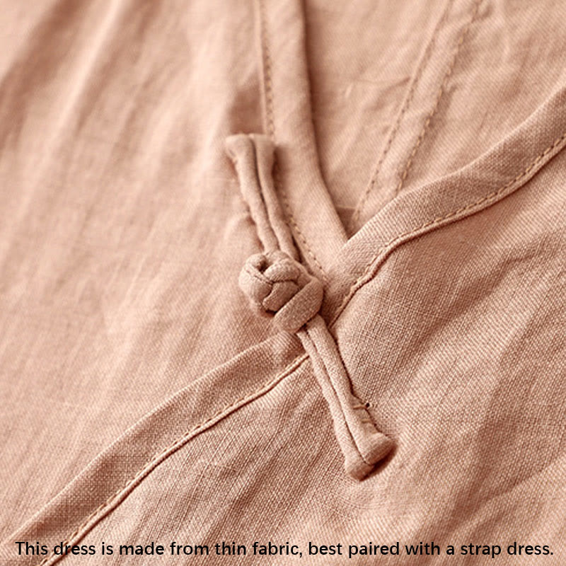 Abito midi da donna in cotone e lino con maniche corte, scollo a V, bottoni a rana , Buddha Stones