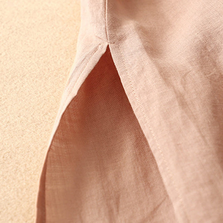 Abito midi da donna in cotone e lino con maniche corte, scollo a V, bottoni a rana , Buddha Stones