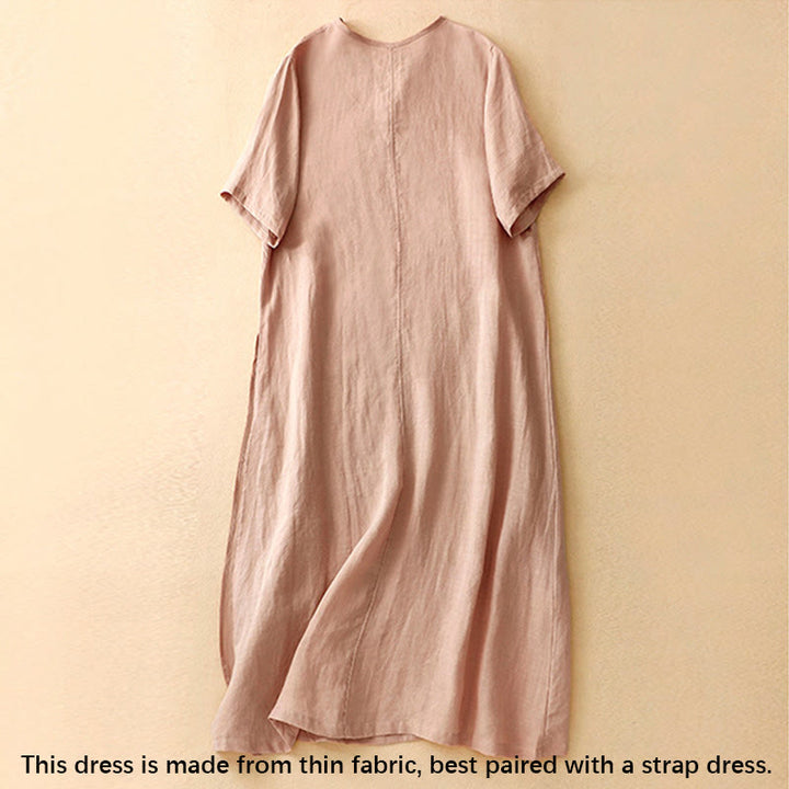 Abito midi da donna in cotone e lino con maniche corte, scollo a V, bottoni a rana , Buddha Stones