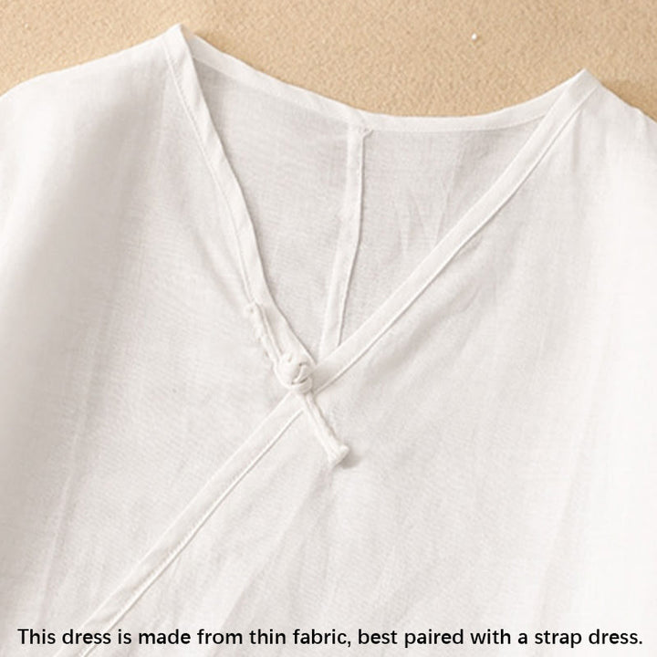 Abito midi da donna in cotone e lino con maniche corte, scollo a V, bottoni a rana , Buddha Stones