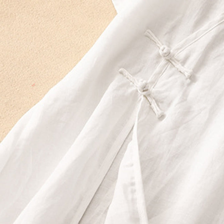 Abito midi da donna in cotone e lino con maniche corte, scollo a V, bottoni a rana , Buddha Stones