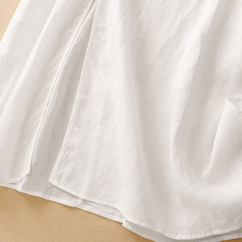 Abito midi da donna in cotone e lino con maniche corte, scollo a V, bottoni a rana , Buddha Stones