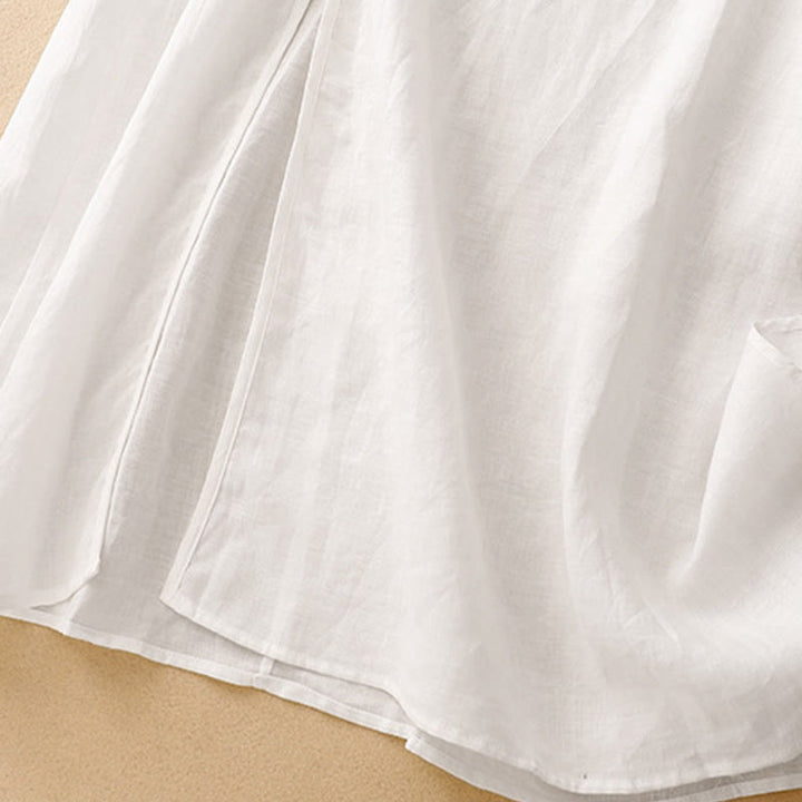 Abito midi da donna in cotone e lino con maniche corte, scollo a V, bottoni a rana , Buddha Stones