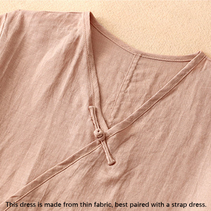 Abito midi da donna in cotone e lino con maniche corte, scollo a V, bottoni a rana , Buddha Stones - image 2