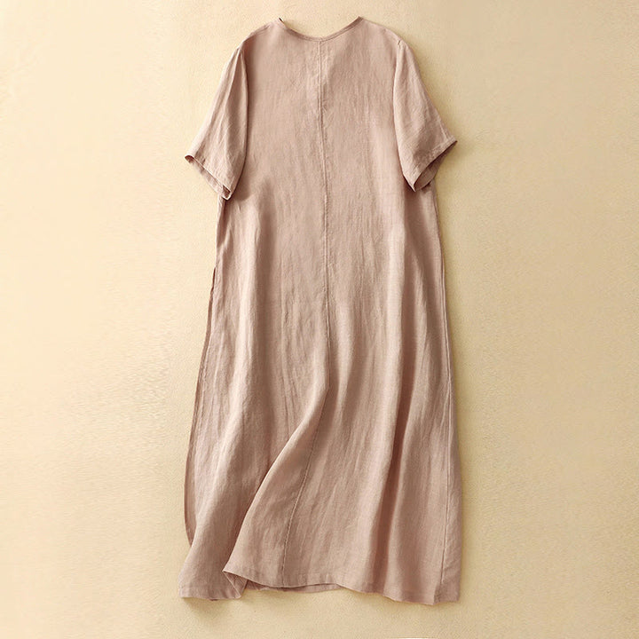 Abito midi da donna in cotone e lino con maniche corte, scollo a V, bottoni a rana , Buddha Stones