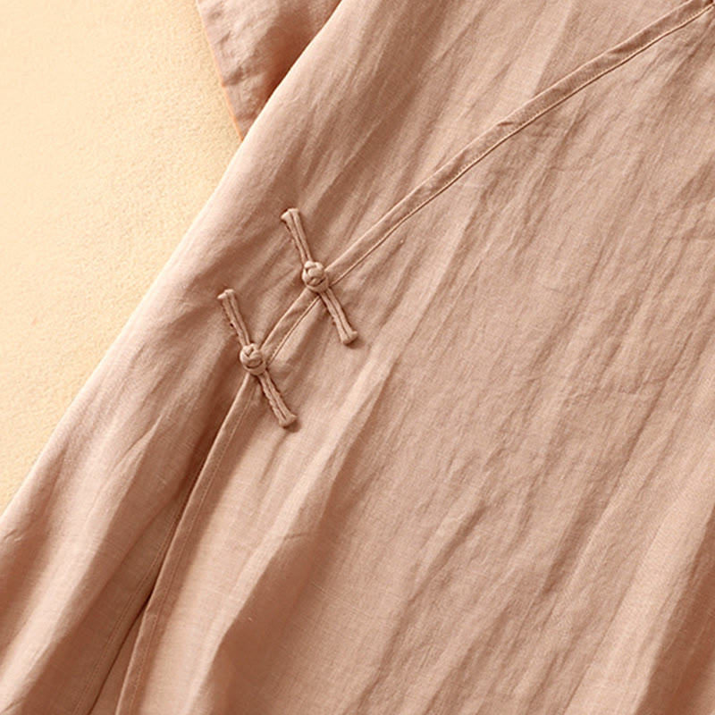 Abito midi da donna in cotone e lino con maniche corte, scollo a V, bottoni a rana , Buddha Stones