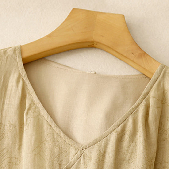 Abito midi da donna in cotone e lino con tasche, maniche corte, scollo a V e lacci, estivo , Buddha Stones - image 2