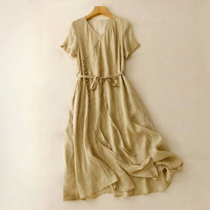 Abito midi da donna in cotone e lino con tasche, maniche corte, scollo a V e lacci, estivo , Buddha Stones