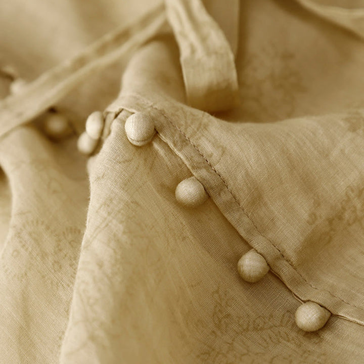 Abito midi da donna in cotone e lino con tasche, maniche corte, scollo a V e lacci, estivo , Buddha Stones