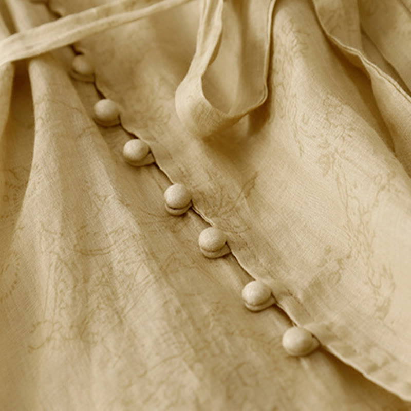 Abito midi da donna in cotone e lino con tasche, maniche corte, scollo a V e lacci, estivo , Buddha Stones