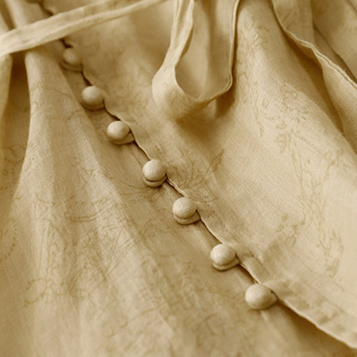 Abito midi da donna in cotone e lino con tasche, maniche corte, scollo a V e lacci, estivo , Buddha Stones