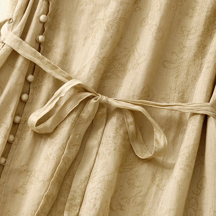 Abito midi da donna in cotone e lino con tasche, maniche corte, scollo a V e lacci, estivo , Buddha Stones - image 5