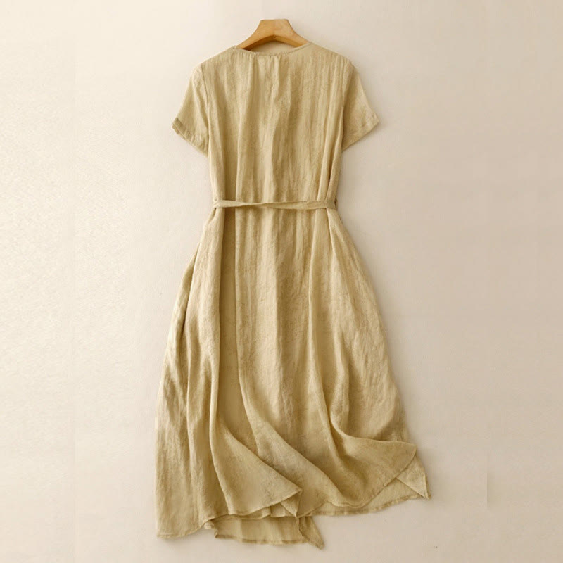 Abito midi da donna in cotone e lino con tasche, maniche corte, scollo a V e lacci, estivo , Buddha Stones - image 1