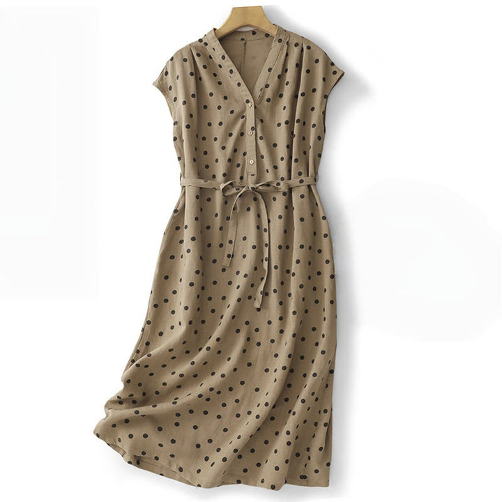 Abito midi da donna in cotone e lino con tasche, a pois estivi, con scollo a V e lacci, Buddha Stones