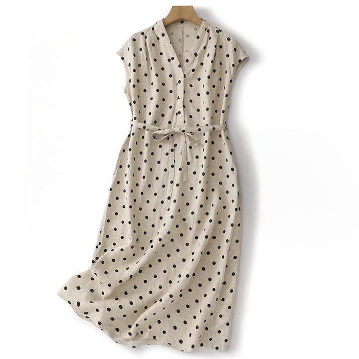 Abito midi da donna in cotone e lino con tasche, a pois estivi, con scollo a V e lacci, Buddha Stones