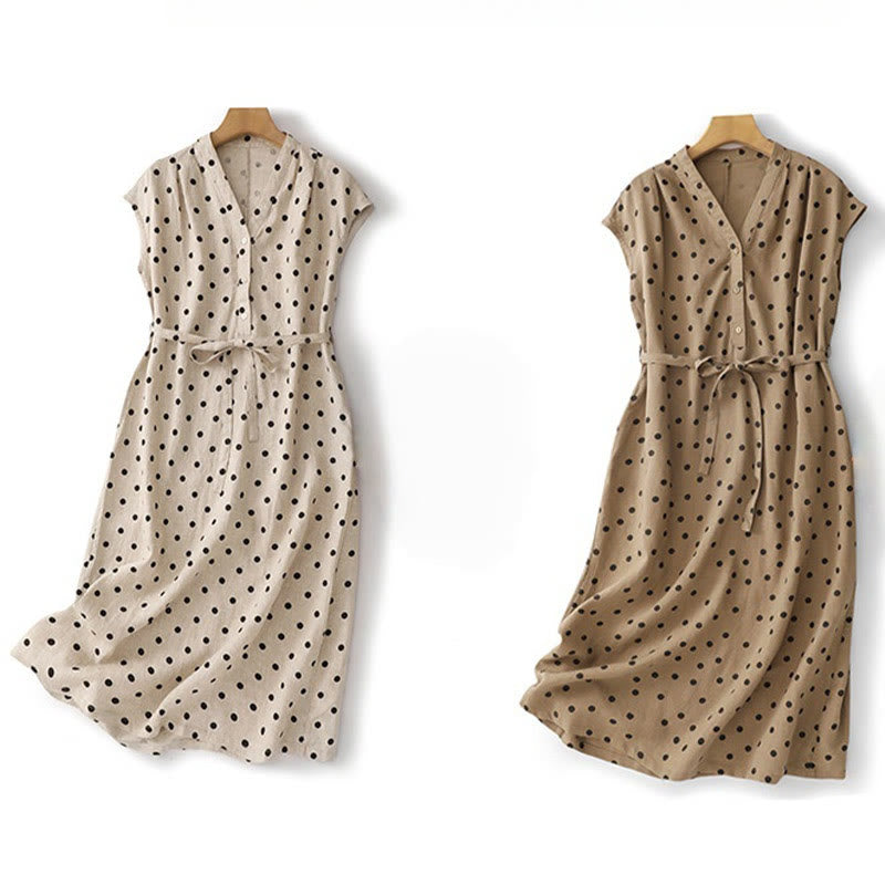 Abito midi da donna in cotone e lino con tasche, a pois estivi, con scollo a V e lacci, Buddha Stones