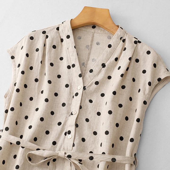 Abito midi da donna in cotone e lino con tasche, a pois estivi, con scollo a V e lacci, Buddha Stones