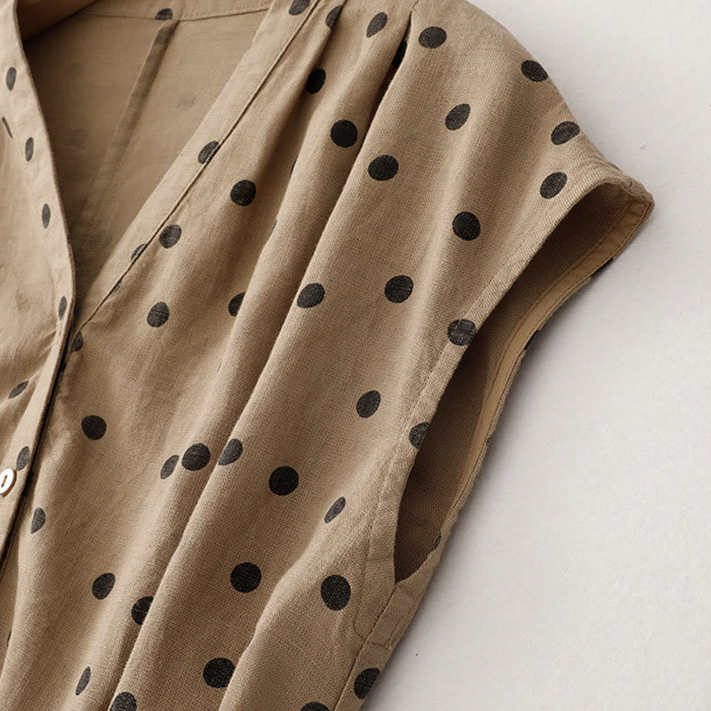 Abito midi da donna in cotone e lino con tasche, a pois estivi, con scollo a V e lacci, Buddha Stones
