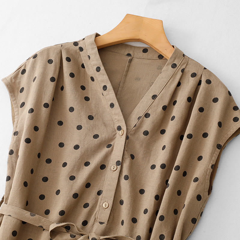 Abito midi da donna in cotone e lino con tasche, a pois estivi, con scollo a V e lacci, Buddha Stones - image 1