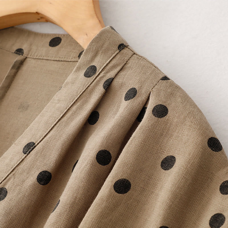 Abito midi da donna in cotone e lino con tasche, a pois estivi, con scollo a V e lacci, Buddha Stones