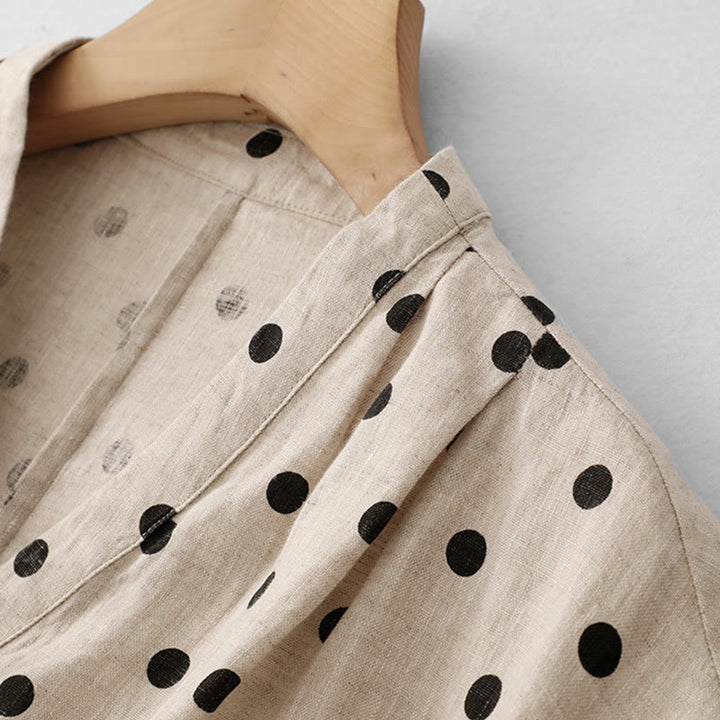 Abito midi da donna in cotone e lino con tasche, a pois estivi, con scollo a V e lacci, Buddha Stones