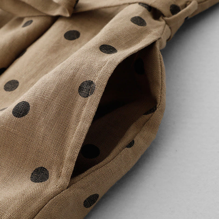 Abito midi da donna in cotone e lino con tasche, a pois estivi, con scollo a V e lacci, Buddha Stones