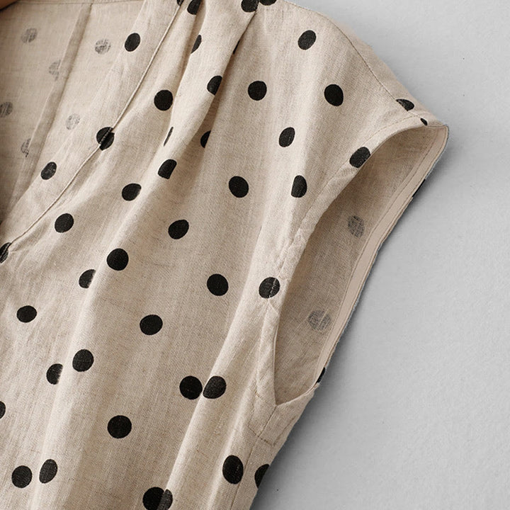 Abito midi da donna in cotone e lino con tasche, a pois estivi, con scollo a V e lacci, Buddha Stones