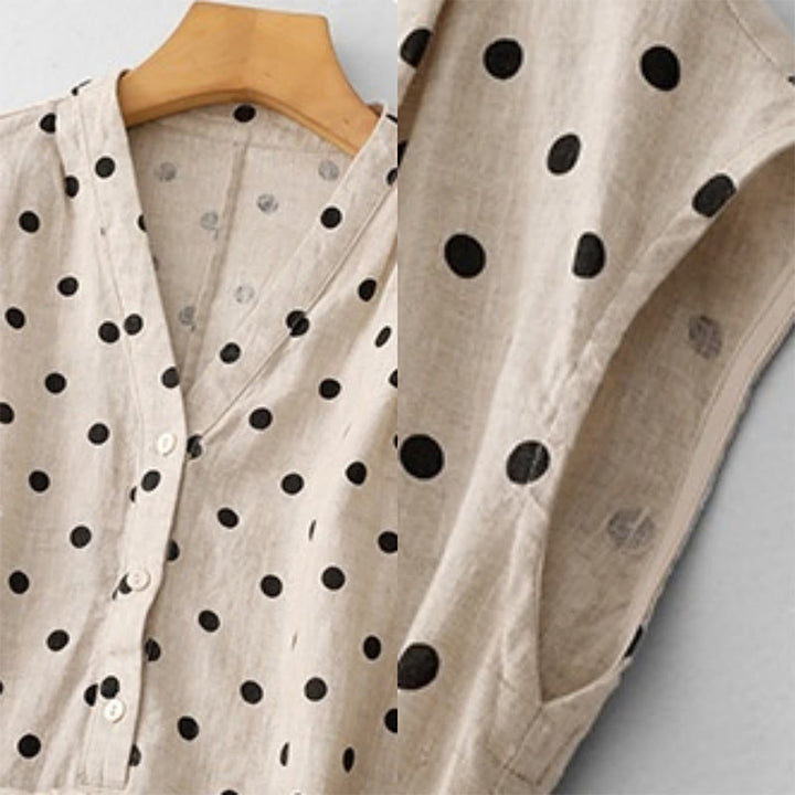 Abito midi da donna in cotone e lino con tasche, a pois estivi, con scollo a V e lacci, Buddha Stones