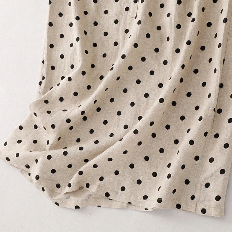 Abito midi da donna in cotone e lino con tasche, a pois estivi, con scollo a V e lacci, Buddha Stones