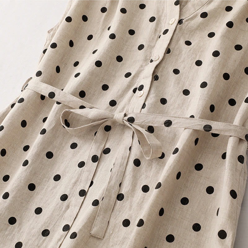 Abito midi da donna in cotone e lino con tasche, a pois estivi, con scollo a V e lacci, Buddha Stones