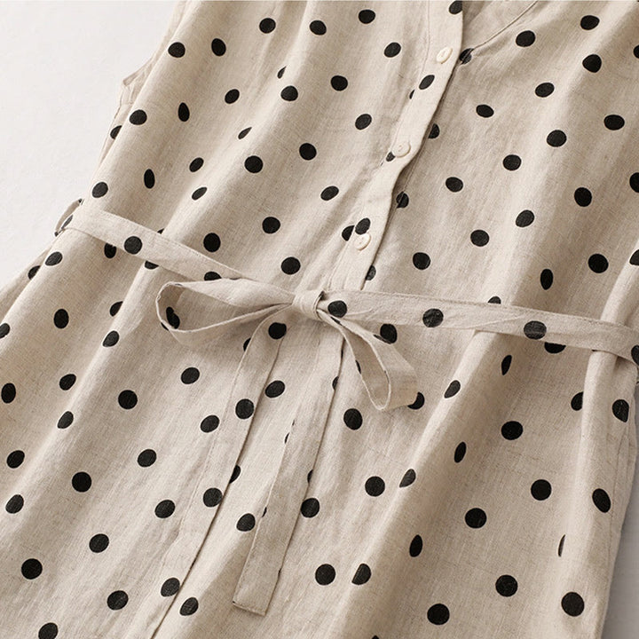 Abito midi da donna in cotone e lino con tasche, a pois estivi, con scollo a V e lacci, Buddha Stones