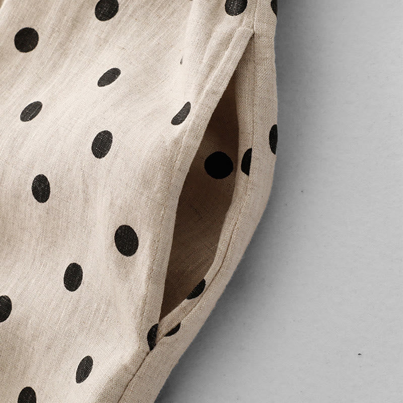 Abito midi da donna in cotone e lino con tasche, a pois estivi, con scollo a V e lacci, Buddha Stones