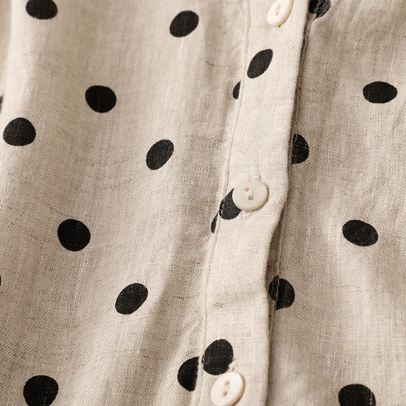 Abito midi da donna in cotone e lino con tasche, a pois estivi, con scollo a V e lacci, Buddha Stones