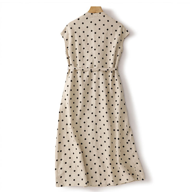Abito midi da donna in cotone e lino con tasche, a pois estivi, con scollo a V e lacci, Buddha Stones
