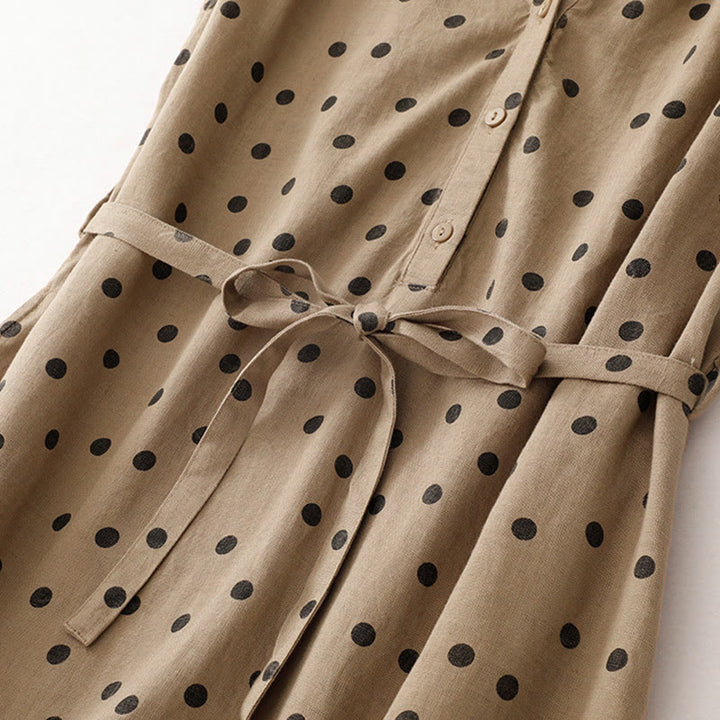 Abito midi da donna in cotone e lino con tasche, a pois estivi, con scollo a V e lacci, Buddha Stones