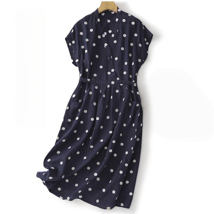Abito midi da donna in cotone e lino con tasche, scollo a V Buddha Stones