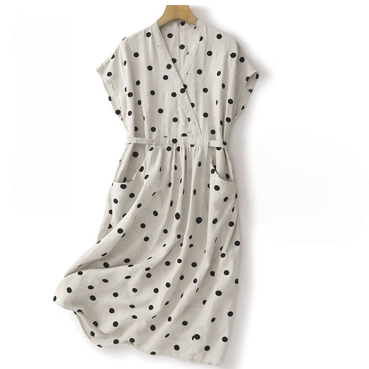 Abito midi da donna in cotone e lino con tasche, scollo a V Buddha Stones
