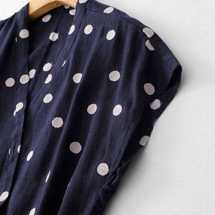 Abito midi da donna con scollo a V, lacci e tasche, con stampa a pois e motivo Buddha Stones. - image 2