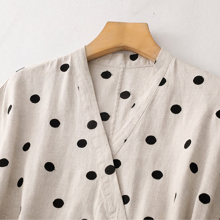 Abito midi da donna con scollo a V, lacci e tasche, con stampa a pois e motivo Buddha Stones. - image 10