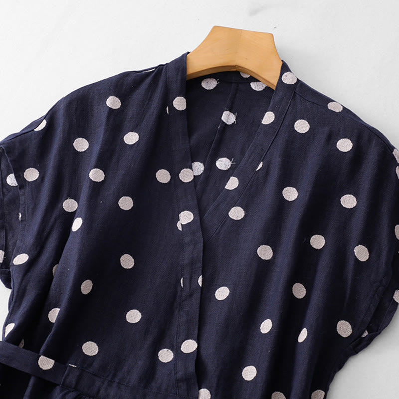 Abito midi da donna con scollo a V, lacci e tasche, con stampa a pois e motivo Buddha Stones. - image 1